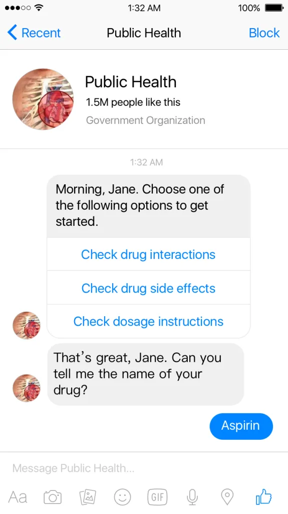 Facebook Messenger Medication Bot Screenshot 1