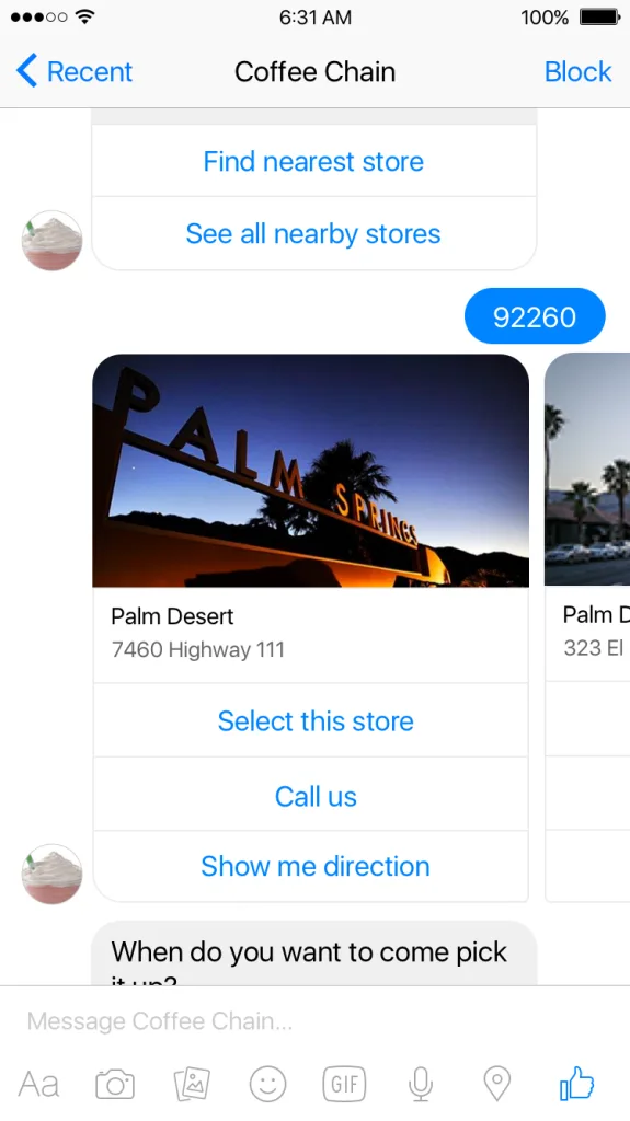 Facebook Messenger Coffee Bot Screenshot 2